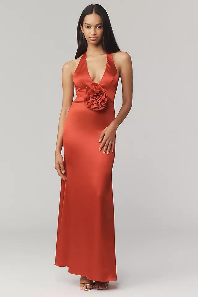 Mac Duggal Halter Rosette Satin Maxi Dress Product Image