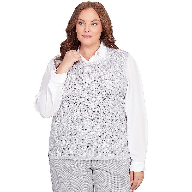 Plus Size Alfred Dunner Collar Layered Pearl Trim Sweater, Womens Product Image