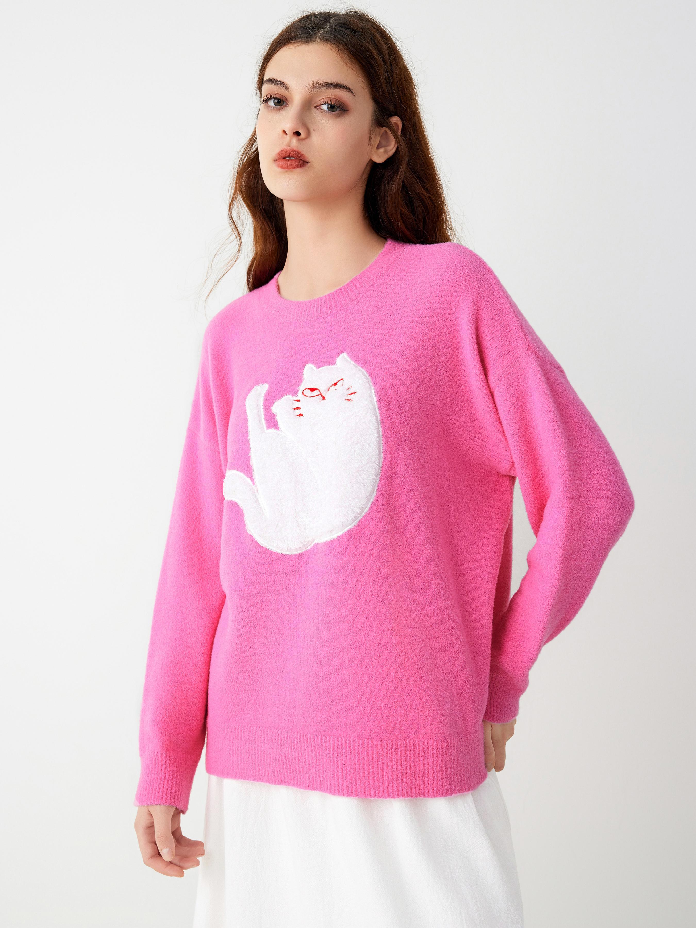 Round Neckline Cat Knitted Long Sleeve Sweater Product Image