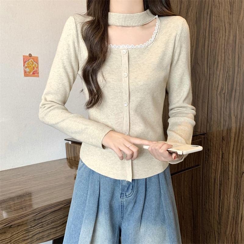 Long-Sleeve Mock Neck Cutout Lace Trim Button Knit Top Product Image