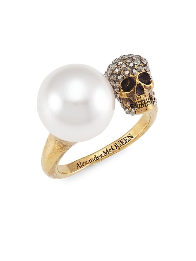 Womens Goldtone, Faux Pearl & Swarovski Crystal Skull Ring Product Image