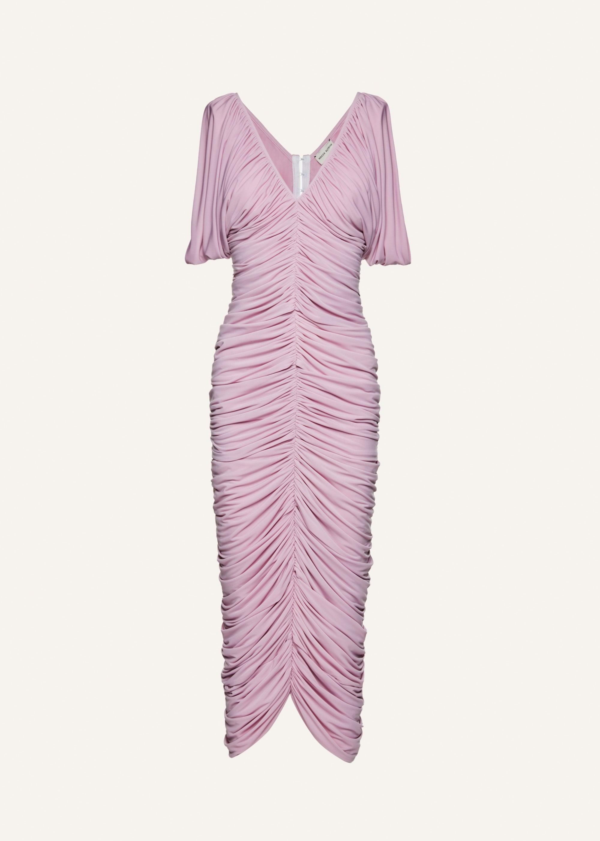 Ruched v neck midi dress in pink Product Image