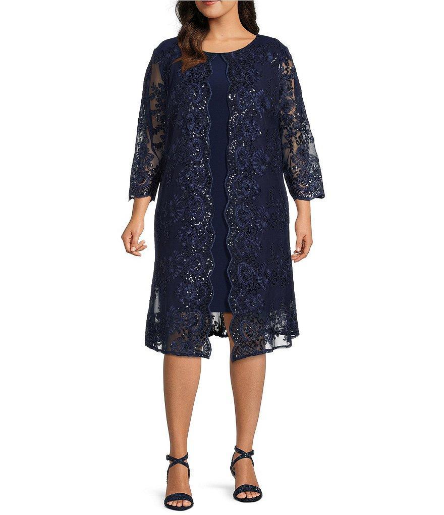 Alex Evenings Plus Size Embroidered Sequin Scoop Neck 3/4 Sleeve Jacket Dress Product Image