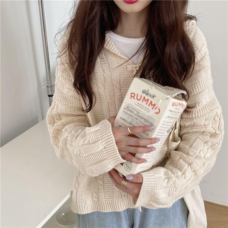 Sailor Collar Plain Cable Knit Toggle Cardigan Product Image