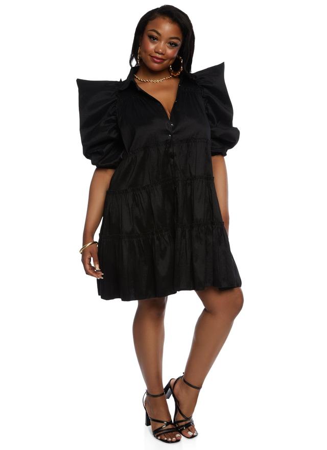 Womens Plus Size Puff Sleeve Tiered Mini Shirt Dress Product Image