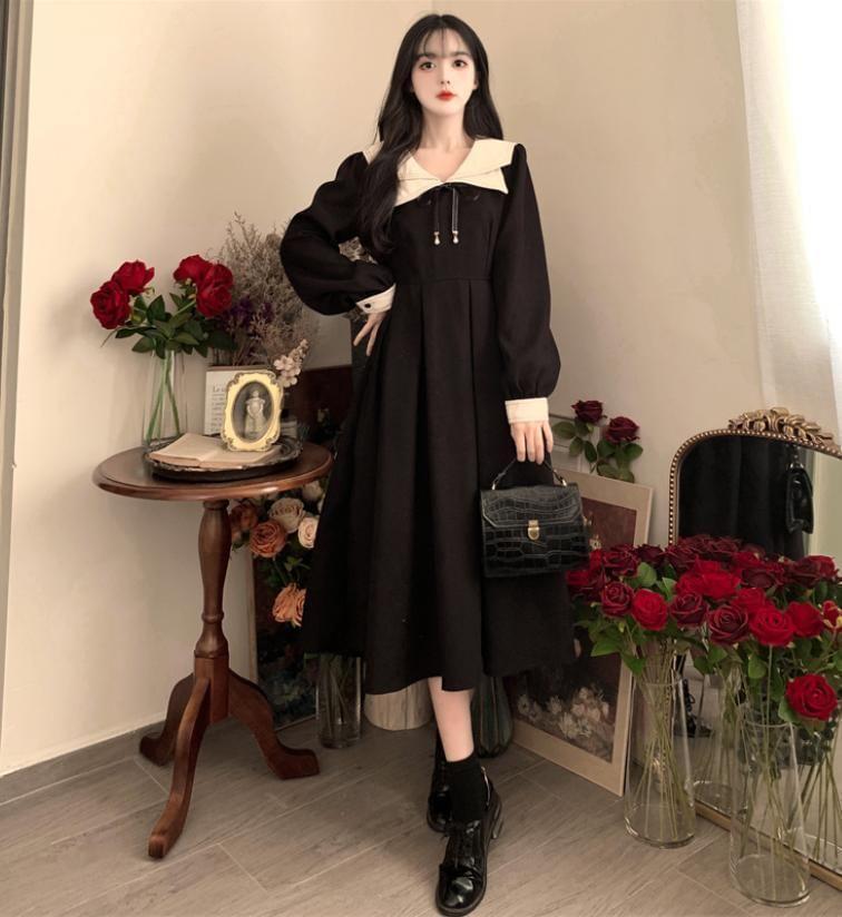 Long-Sleeve Collar Two Tone Bow Midi A-Line Dress Product Image