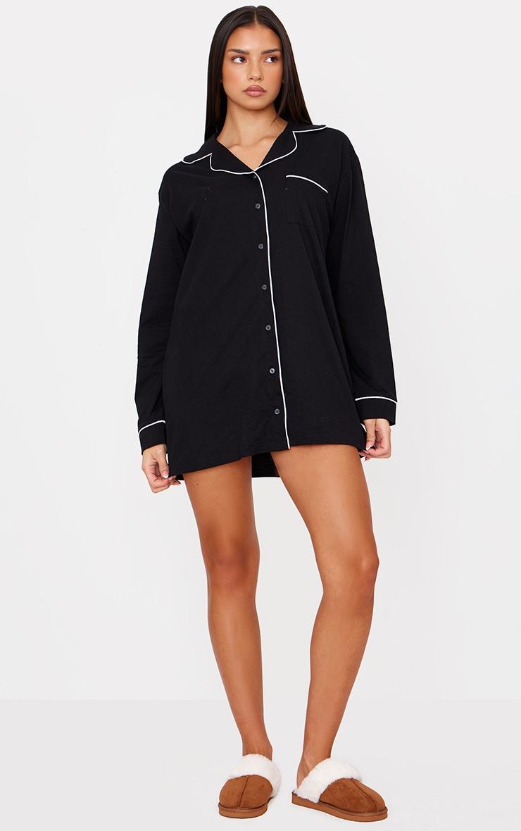 Black Jersey Piping Detail Long Sleeve Nightdress Product Image