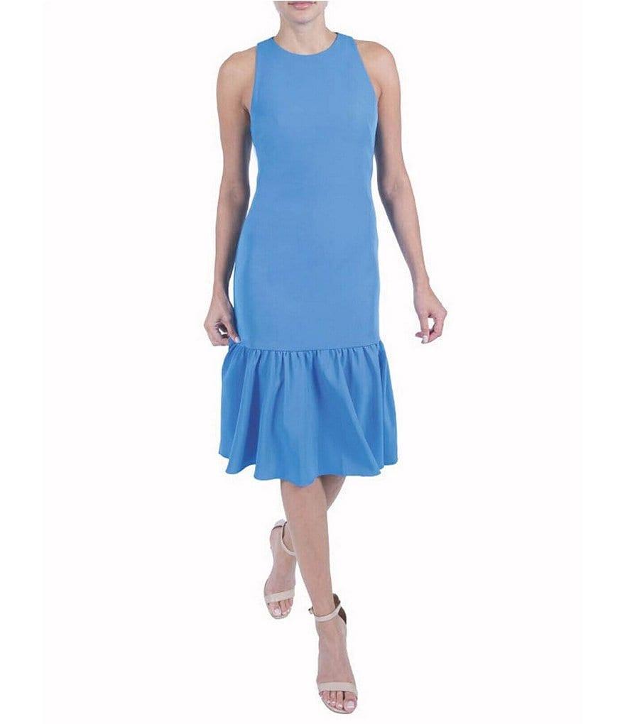 Julia Jordan Scuba Round Neck Sleeveless Ruffle Hem Knee Length Fit and Flare Dress Product Image