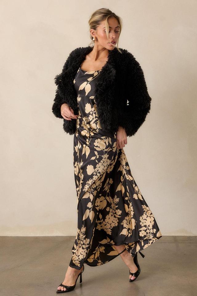 Crescent Glow Black Floral Satin Maxi Dress Product Image