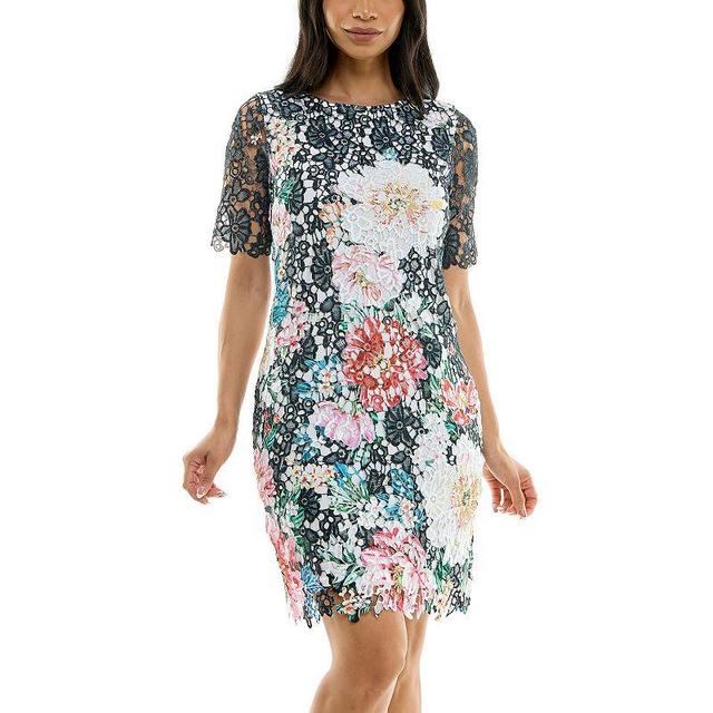 Womens Nina Leonard Floral Lace Trimmed Short Sleeve Mini Sheath Dress Product Image