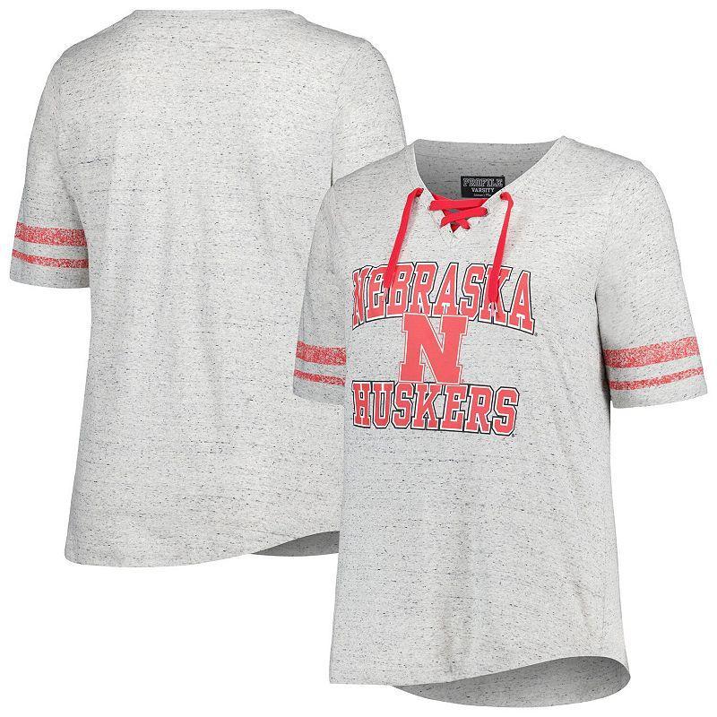 Womens Profile Heather Gray Nebraska Huskers Plus Size Striped Lace-Up T-Shirt Product Image