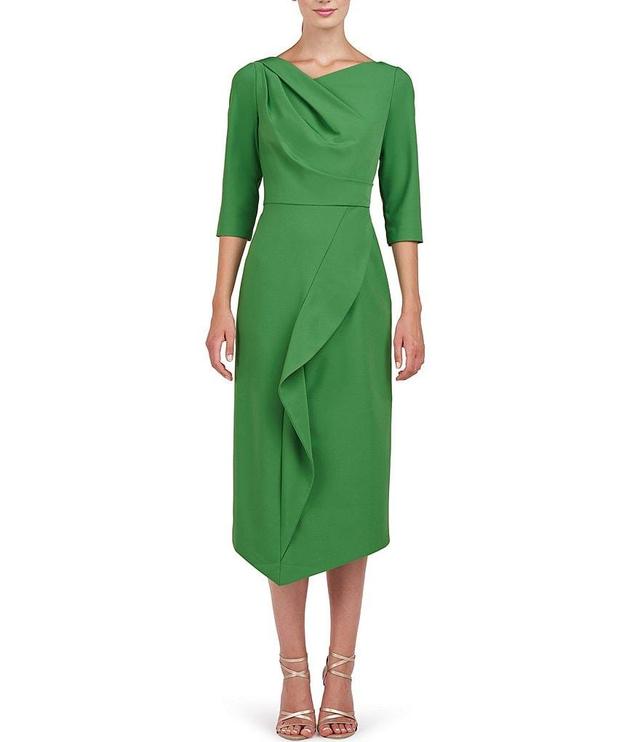 Kay Unger Stretch Crepe Asymmetrical Neckline 3/4 Sleeve Ruffle Front Midi Dress Product Image