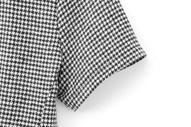 Short-Sleeve Round Neck Houndstooth Mini A-Line Dress Product Image