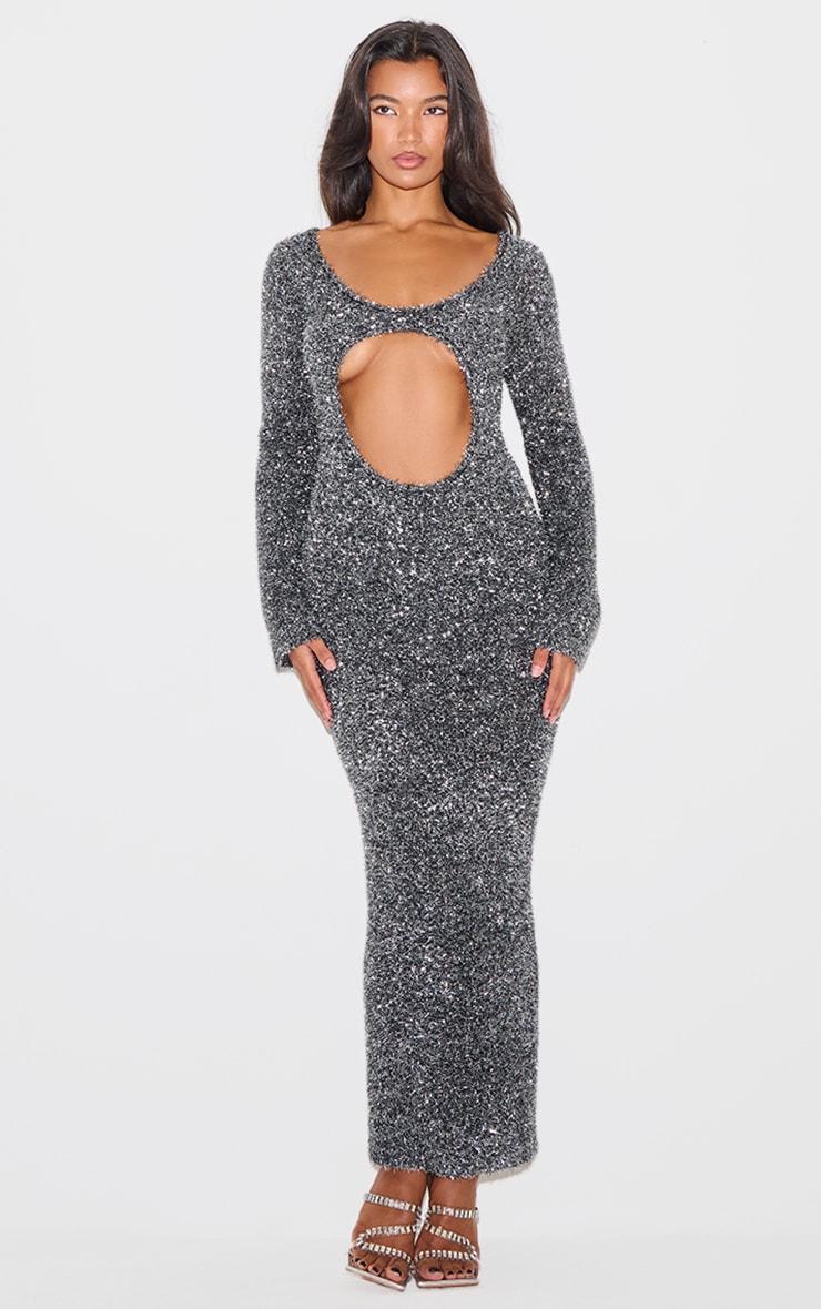 Charcoal Contrast Tinsel Knit Cut Out Detail Maxi Dress Product Image