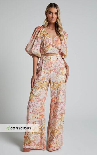 Amalie The Label - Aldina Linen Blend High Waisted Belted Straight Leg Pants in Morocco Print Product Image