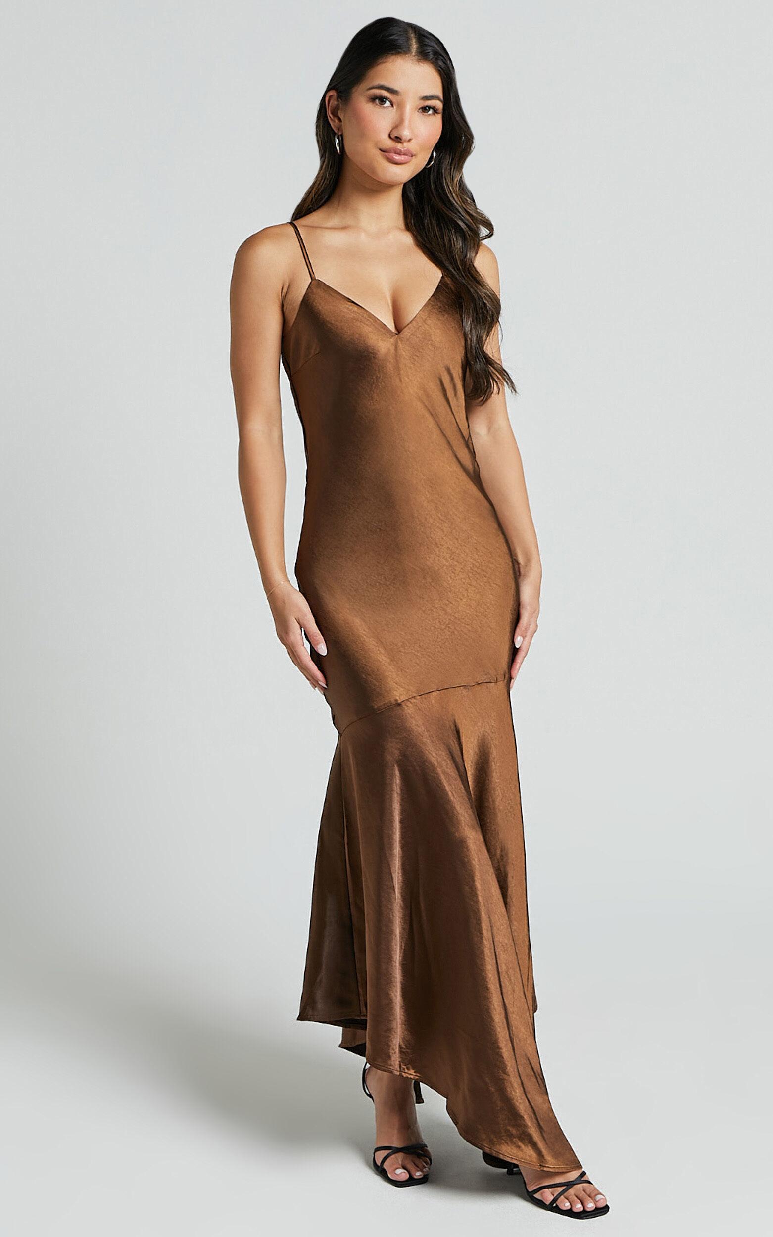 Etienne Midi Dress - Asymmetric Hem Satin Slip Dress in Chocolate Product Image