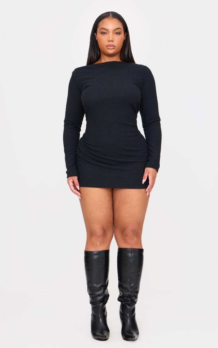 Plus Black Slash Neck Long Sleeve Ribbed Mini Dress Product Image