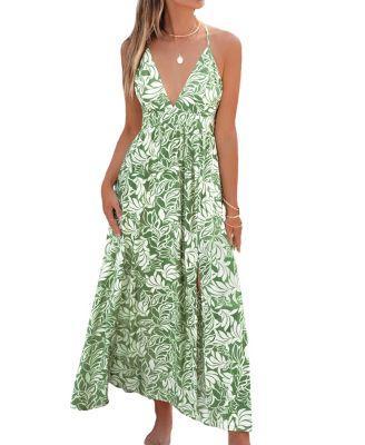 Women's Green Tropical Leaf Plunging Midi Beach Dress Product Image