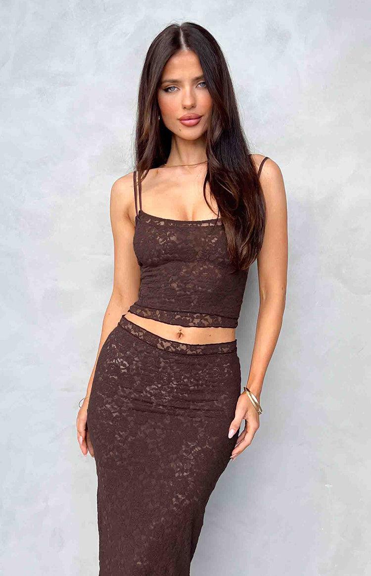 Willow Brown Lace Tank Top Product Image