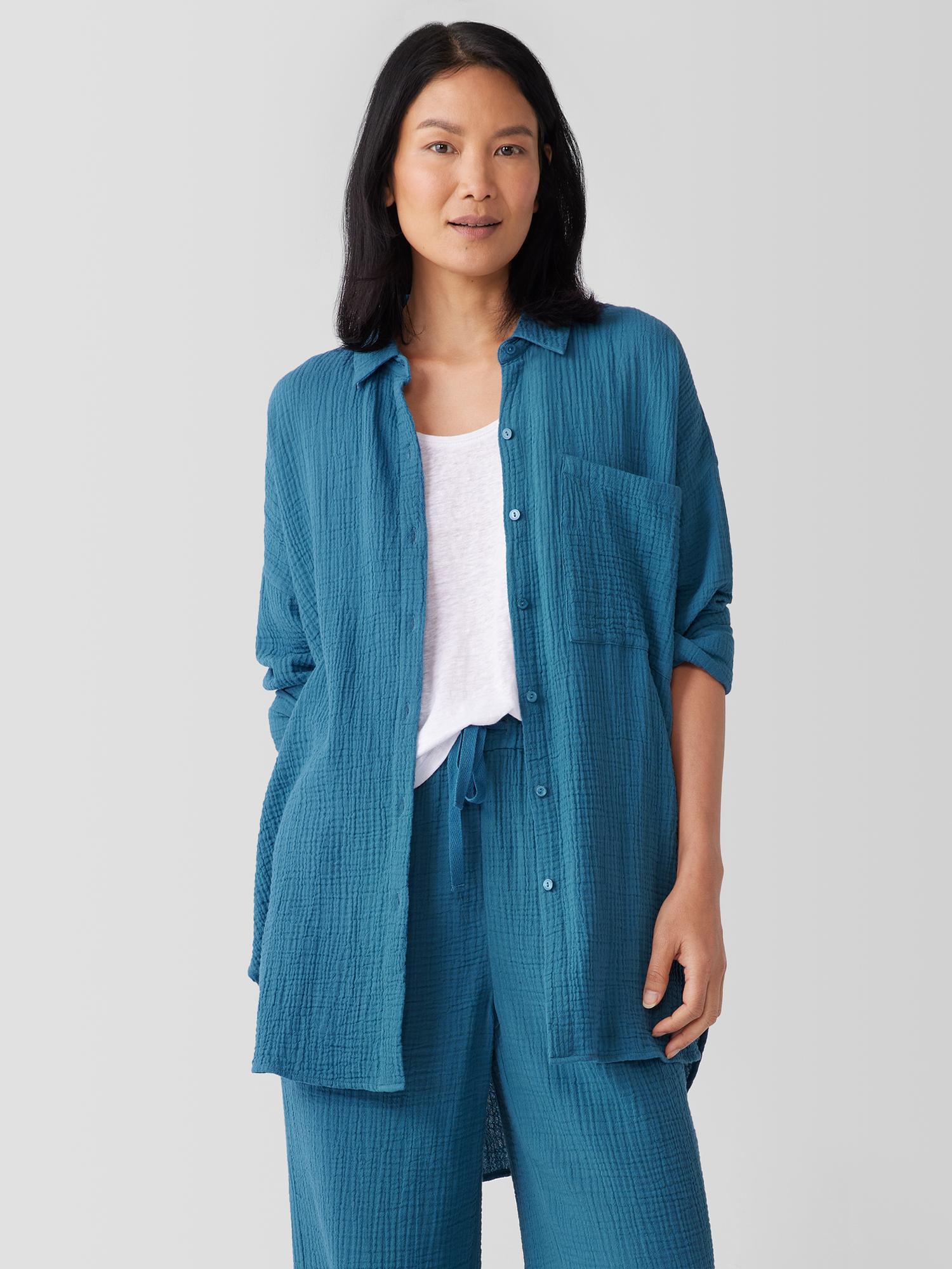 EILEEN FISHER Organic Cotton Lofty Gauze Classic Collar Long Shirtfemale Product Image