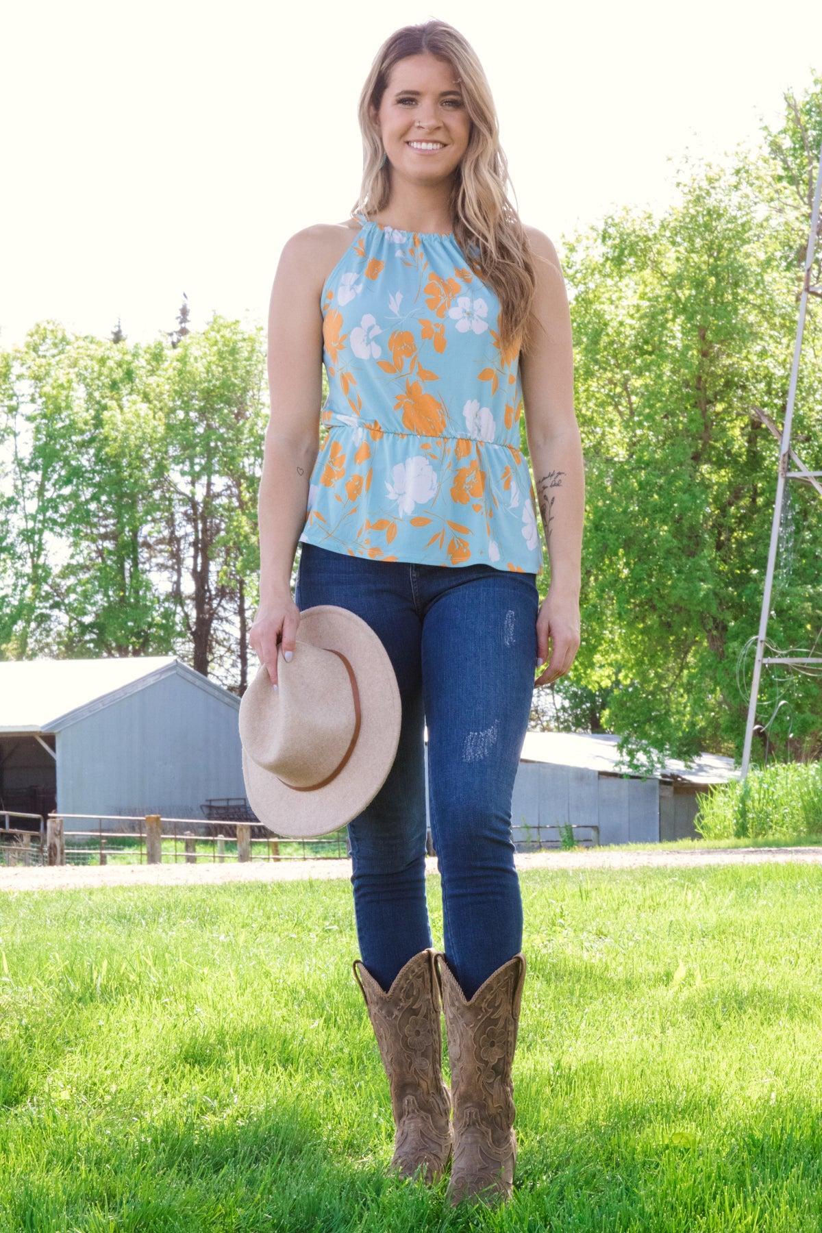 Turquoise and Orange Floral Print Ruffle Trim Tank Product Image