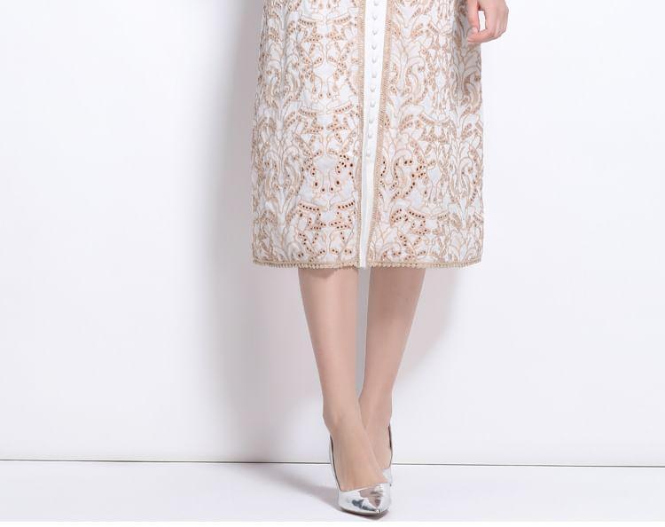 Long Sleeve V-Neck Embroidered Eyelet Belted Midi A-Line Dress Product Image