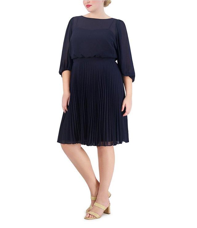 Eliza J Plus Size 3/4 Sleeve Illusion Crew Neck Pleated Skirt Chiffon Midi Dress Product Image