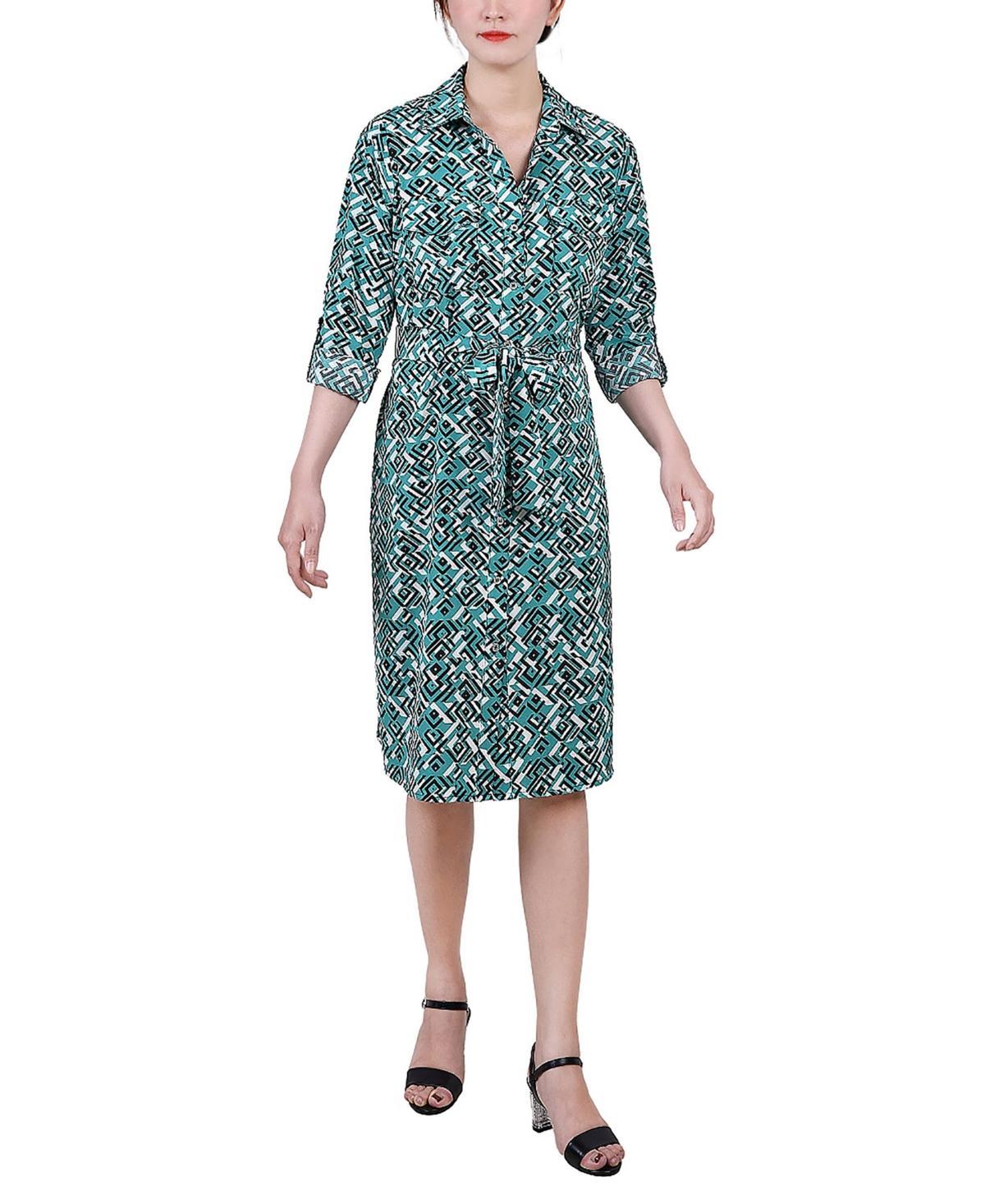 Ny Collection Petite Geometric Printed Long Sleeve Roll Tab Shirtdress Product Image