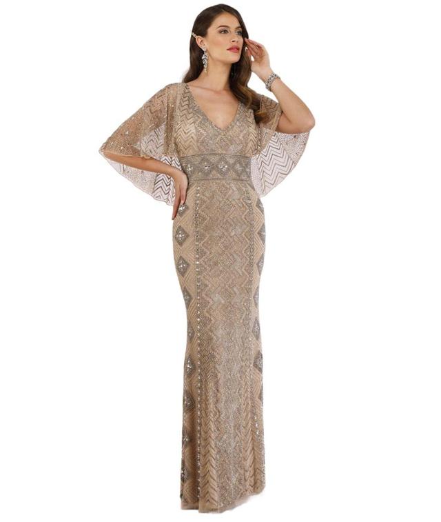 Lara Womens Cape Sleeve V-Neck Beaded Gown - Nude Product Image