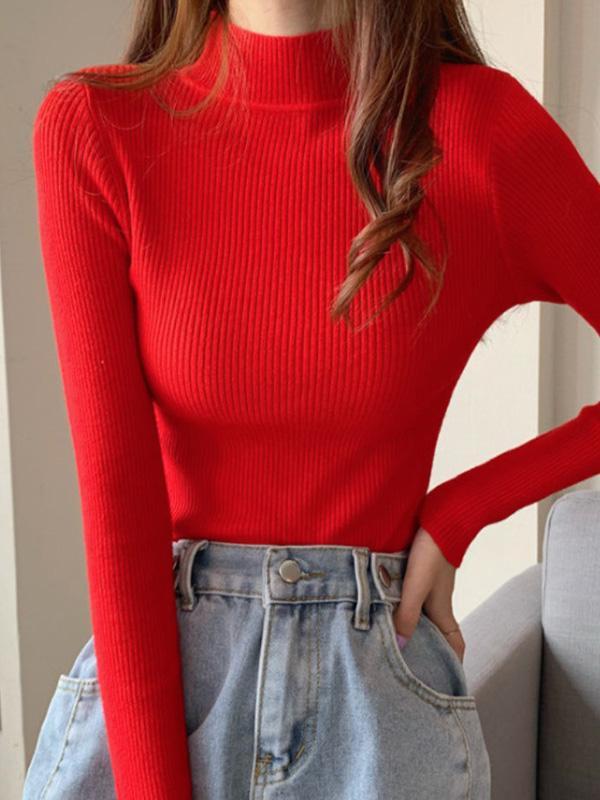 Casual Skinny Long Sleeves Solid Color High-Neck Sweater Tops product image