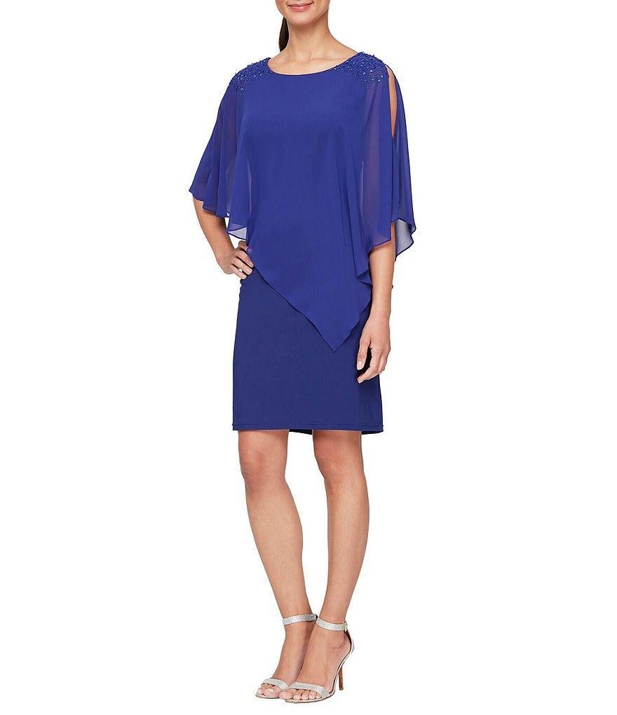 Ignite Evenings Chiffon Asymmetric Overlay 3/4 Sleeve Beaded Shoulder Detail Round Neck Sheath Dress Product Image