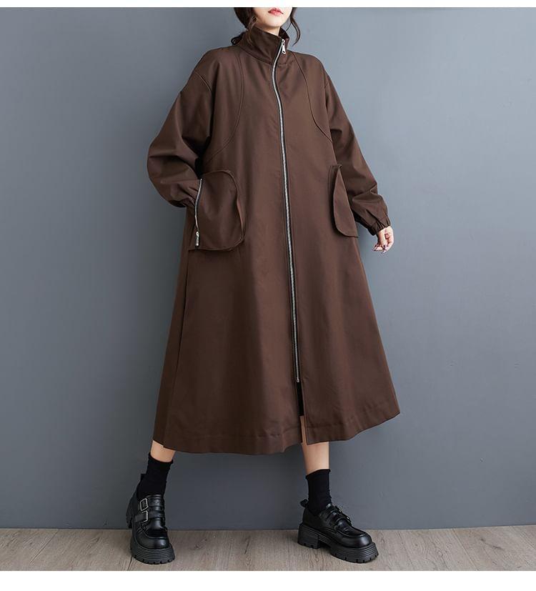 Stand Collar Plain Zip-Up Long Trench Coat Product Image