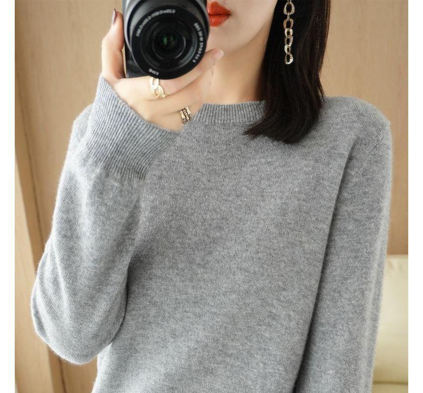 Long-Sleeve Round Neck Plain Knit Top Product Image