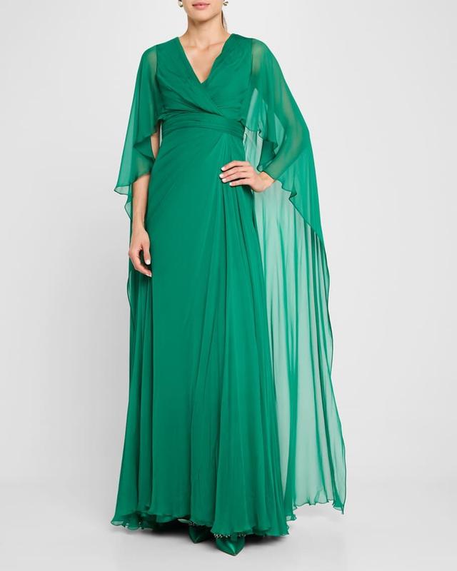 V-Neck Cape-Sleeves Chiffon Gown Product Image