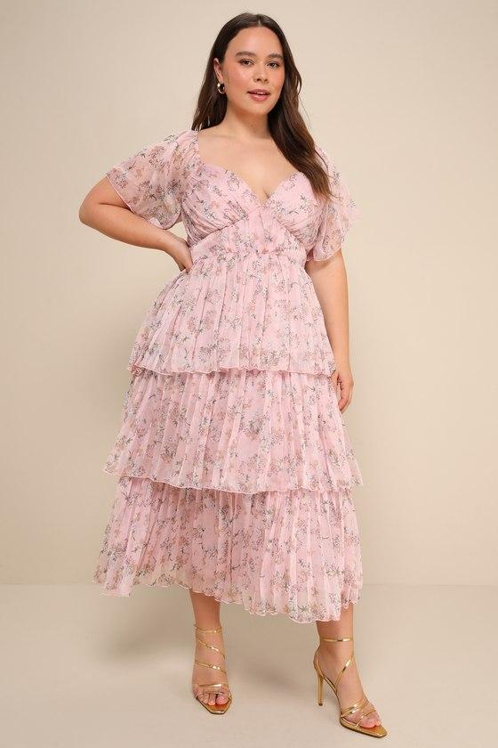 Gentle Charm Mauve Floral Print Pleated Tiered Midi Dress Product Image