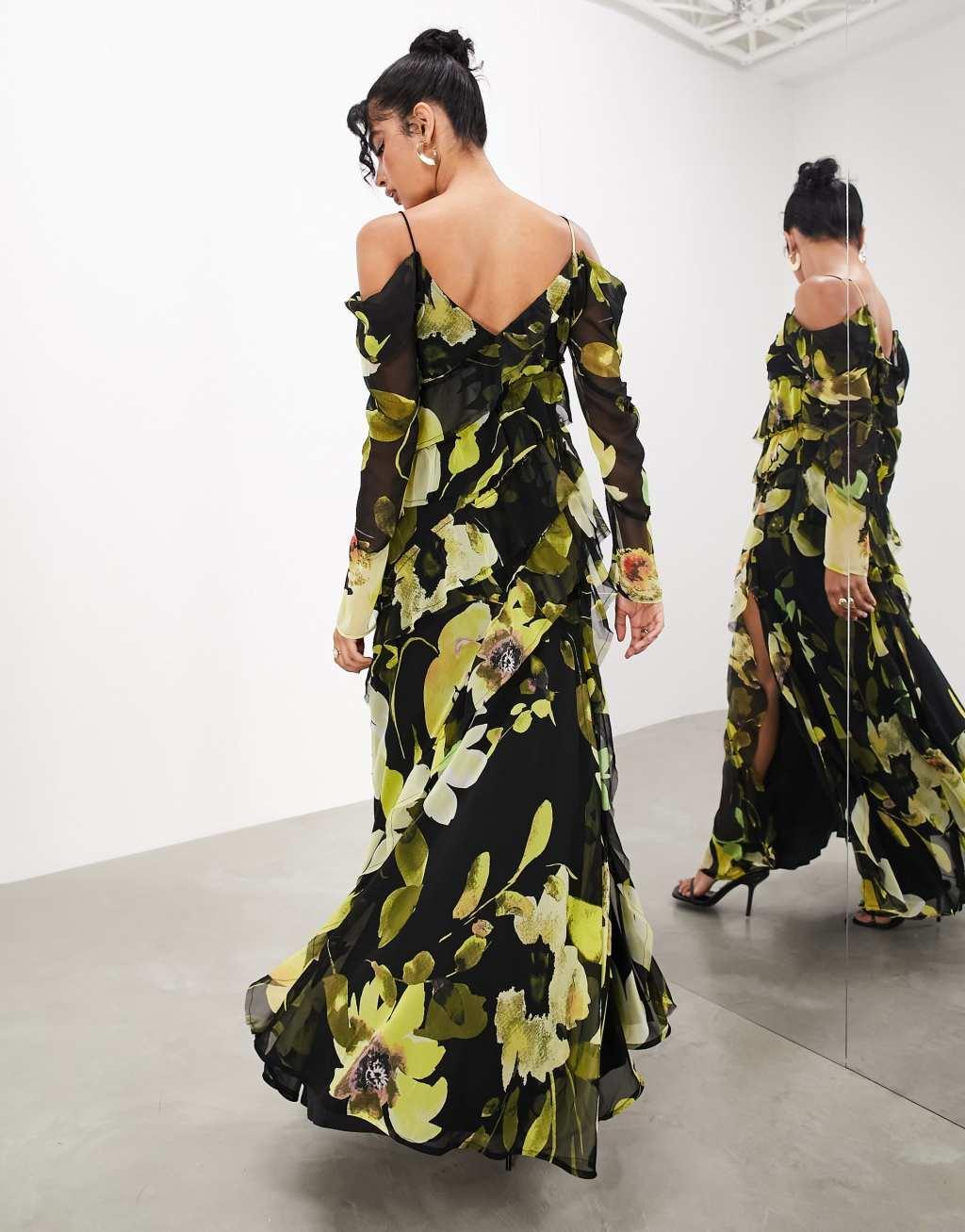 ASOS EDITION long sleeve bias cut maxi dress with raw edge frills in black floral Product Image