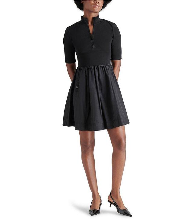 Steve Madden Berlina Mixed Media Quarter Zip Mock Neck Short Sleeve Mini Dress Product Image