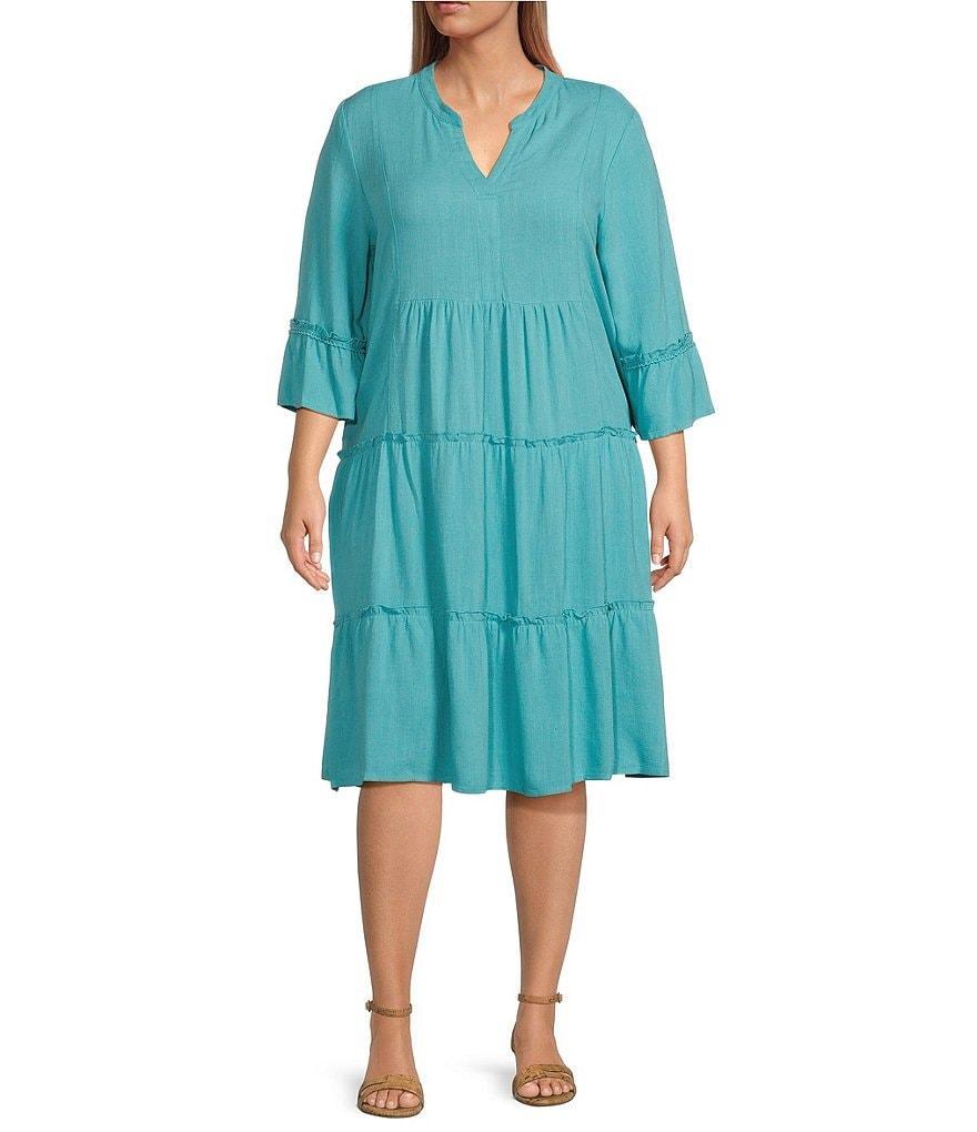 Multiples Plus Size Linen-Blend Round Split V-Neck 3/4 Sleeve Tiered Midi Dress Product Image