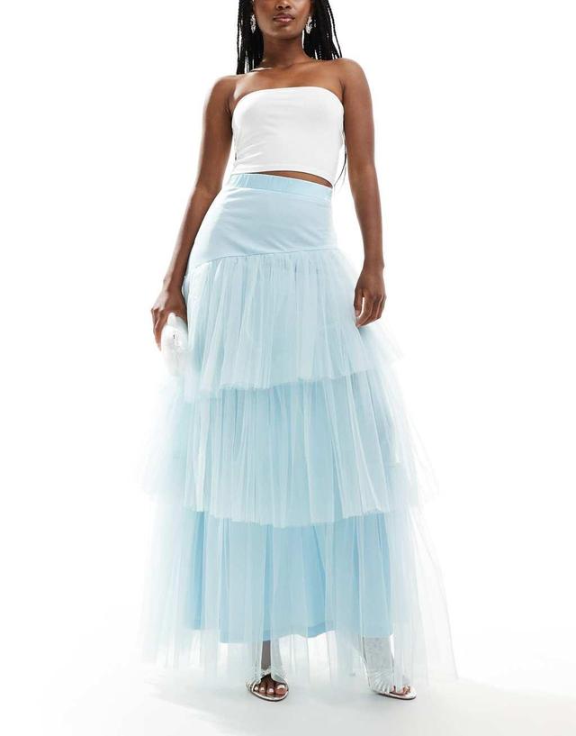 Lace & Beads asymmetric tulle maxi skirt in sky blue Product Image