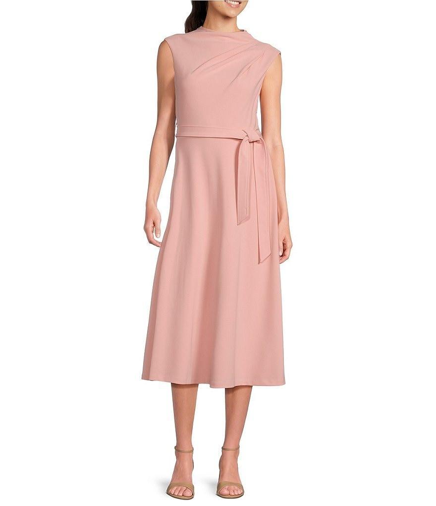 Calvin Klein Scuba Crepe Sleeveless Mock Neck Tie Waist Midi A-Line Dress Product Image