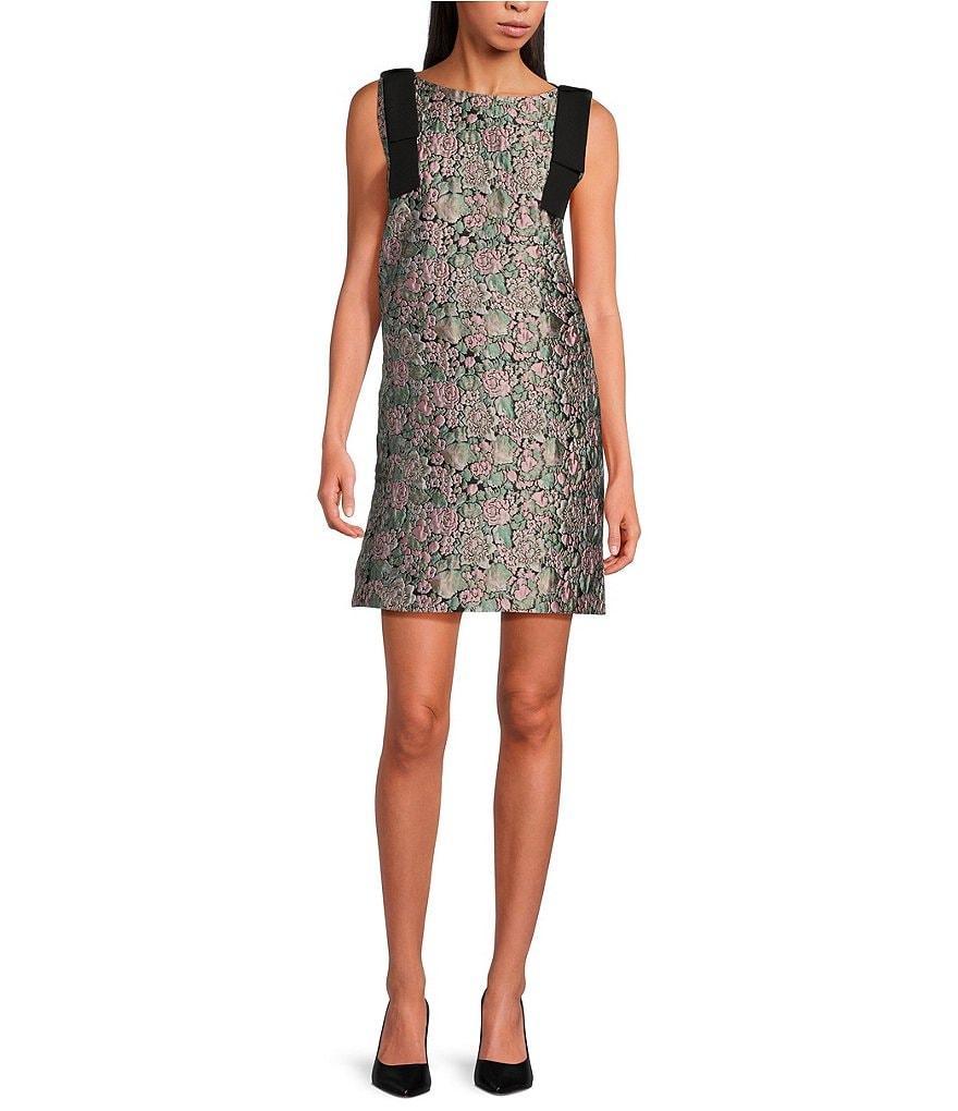 Abbey Glass Michelle Floral Jacquard Boat Neck Sleeveless Bow Shoulder Mini Shift Dress Product Image