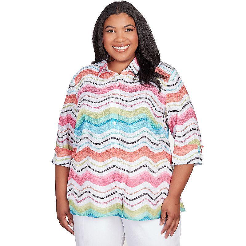 Plus Size Alfred Dunner Wavy Stripe Button Down Top, Womens Product Image