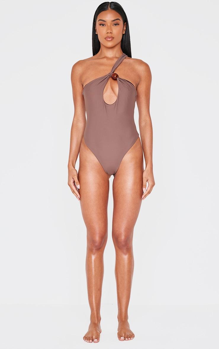 Chocolate Bead Detail One Shoulder Cut Out Swimsuit Product Image