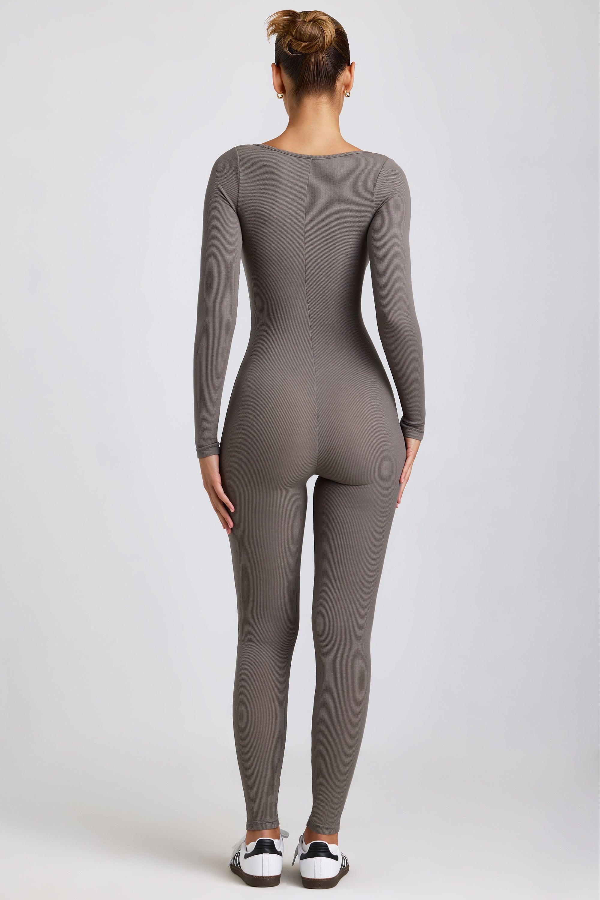 Petite Ribbed Modal Long Sleeve Jumpsuit in Grey Product Image