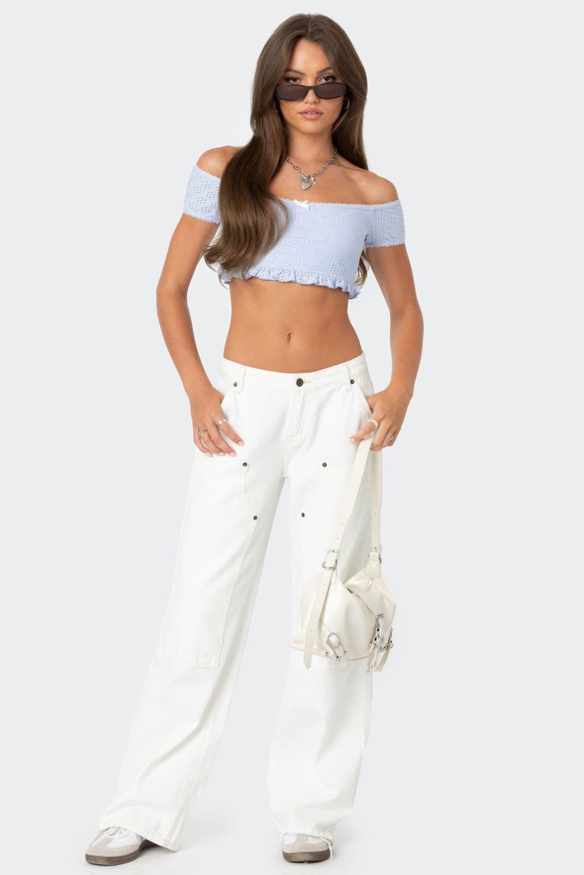 Off Shoulder Eyelet Crop Top Product Image