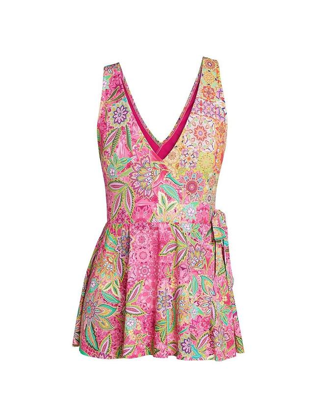 Womens Flamingo Floral Wrap Skirted One-Piece Swimsuit Product Image