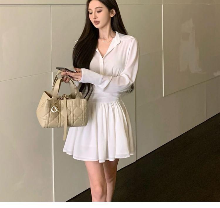 Long Sleeve V-Neck Plain Pleated Mini Shirt Dress Product Image