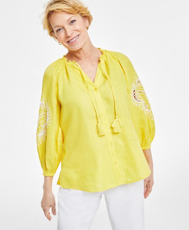 Women's 100% Linen Embroidered-Sleeve Peasant Top, Created for Macy's Product Image