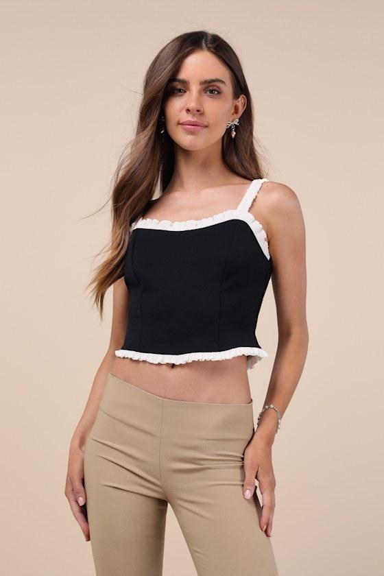 Coquette Charisma Black and White Ruffled Tie-Back Crop Top Product Image