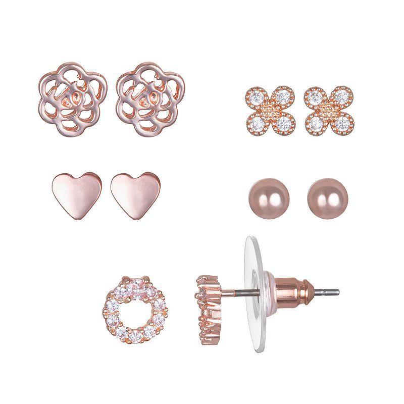 LC Lauren Conrad Cubic Zirconia Heart & Flower Nickel Free Stud Earring Set, Womens, Clear Product Image